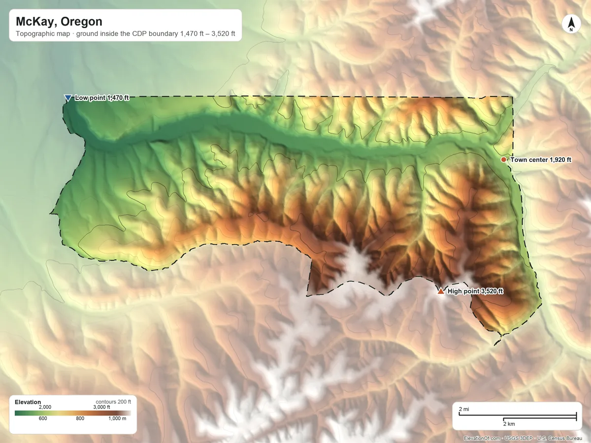 Topographic elevation map of McKay, Oregon, shaded from 1,470 ft on the west side to 3,520 ft on the southwest side