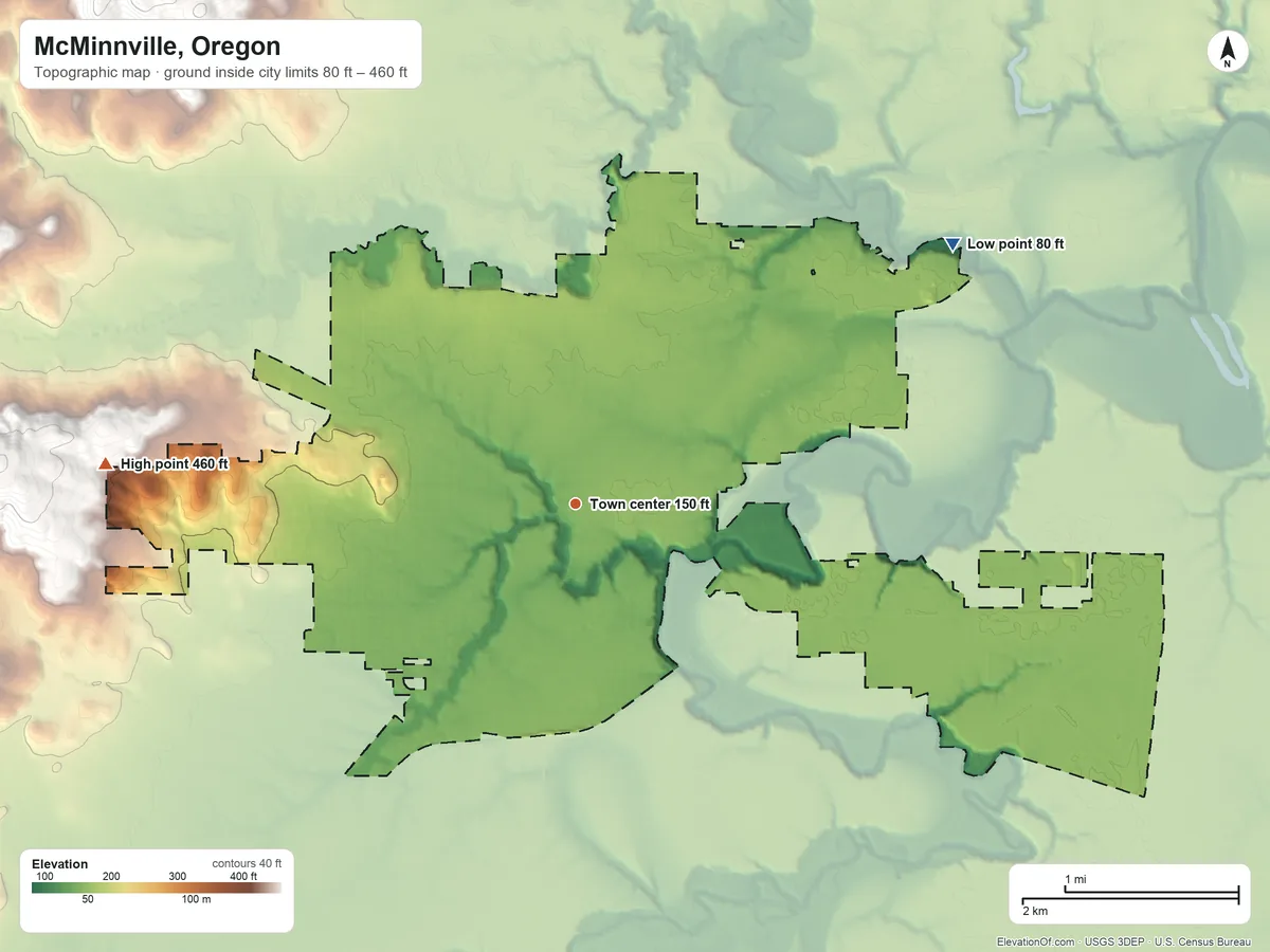 Topographic elevation map of McMinnville, Oregon, shaded from 80 ft on the northeast side to 460 ft at the foot of the Amity Hills