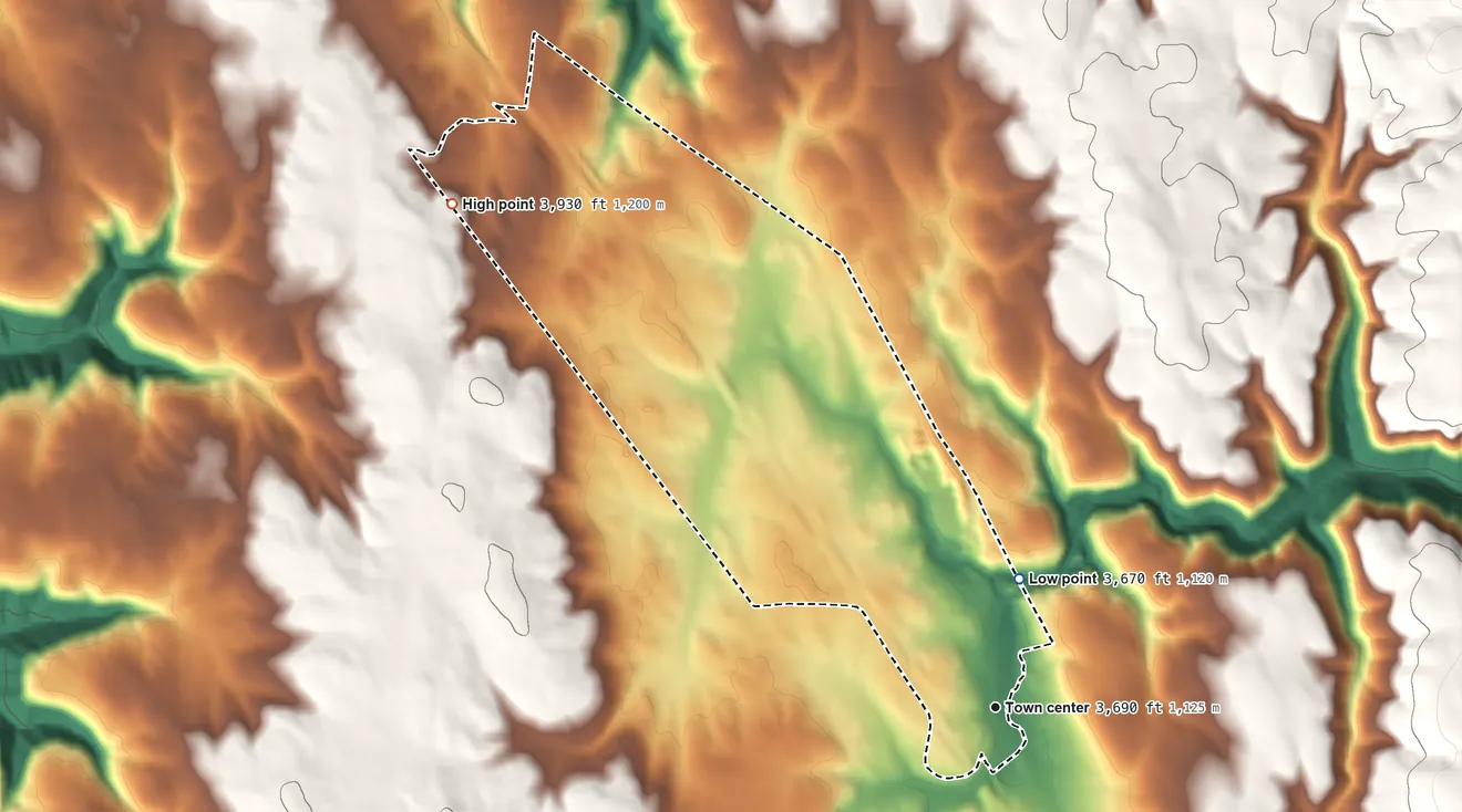 Topographic elevation map of Meacham, Oregon, shaded from 3,670 ft on the north side to 3,930 ft on the northwest side