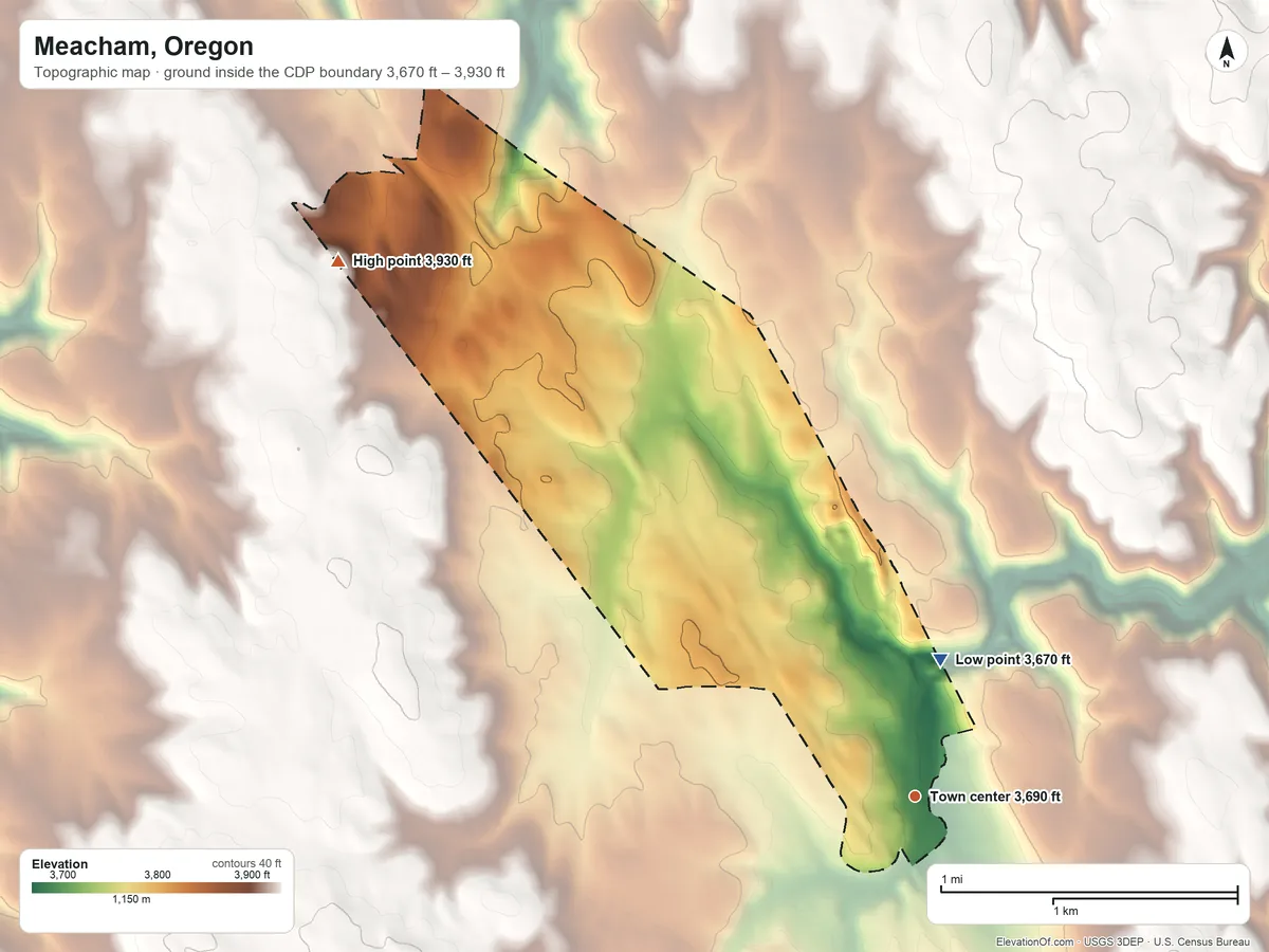 Topographic elevation map of Meacham, Oregon, shaded from 3,670 ft on the north side to 3,930 ft on the northwest side