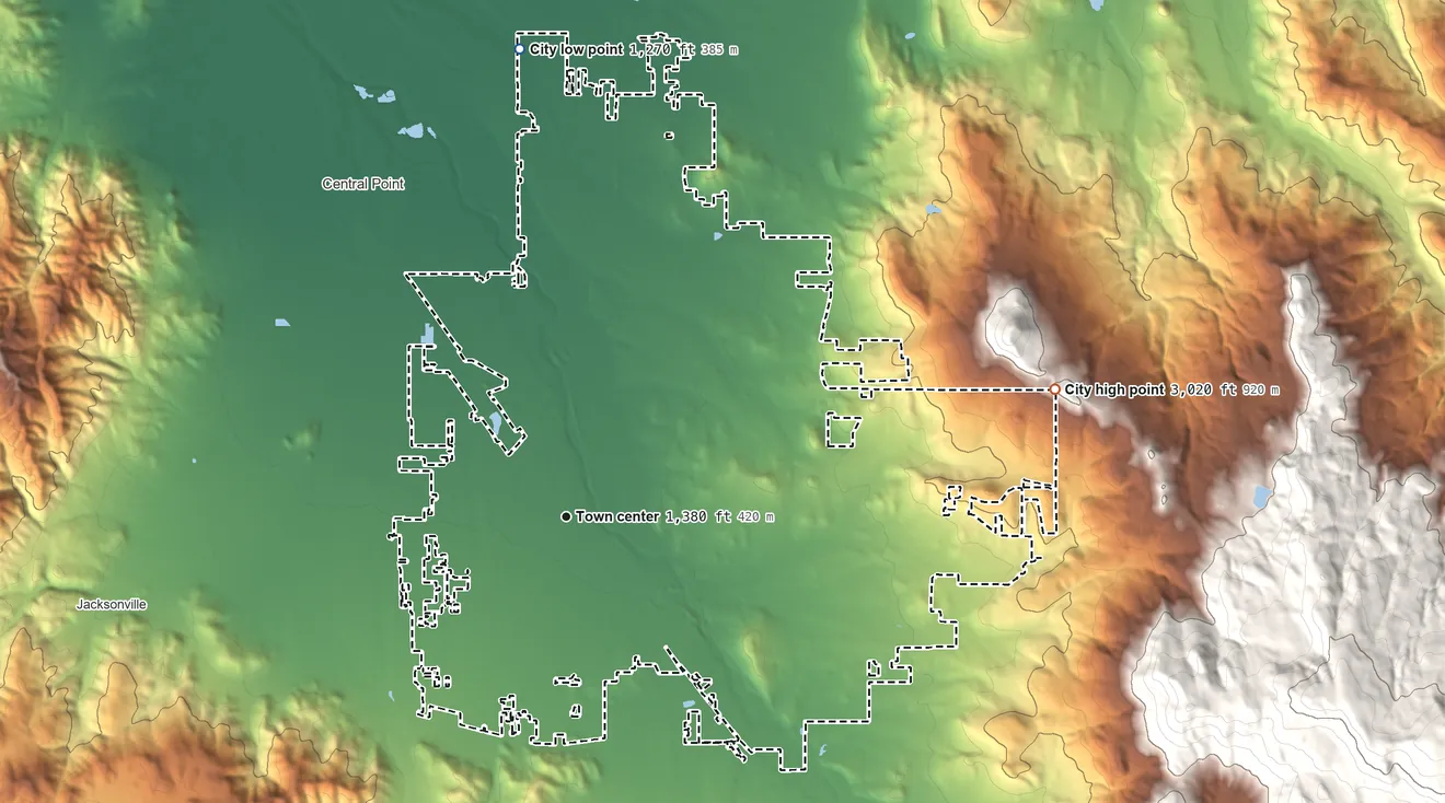Topographic elevation map of Medford, Oregon, shaded from 1,270 ft on the north side to 3,020 ft on the east edge, below higher ground just outside