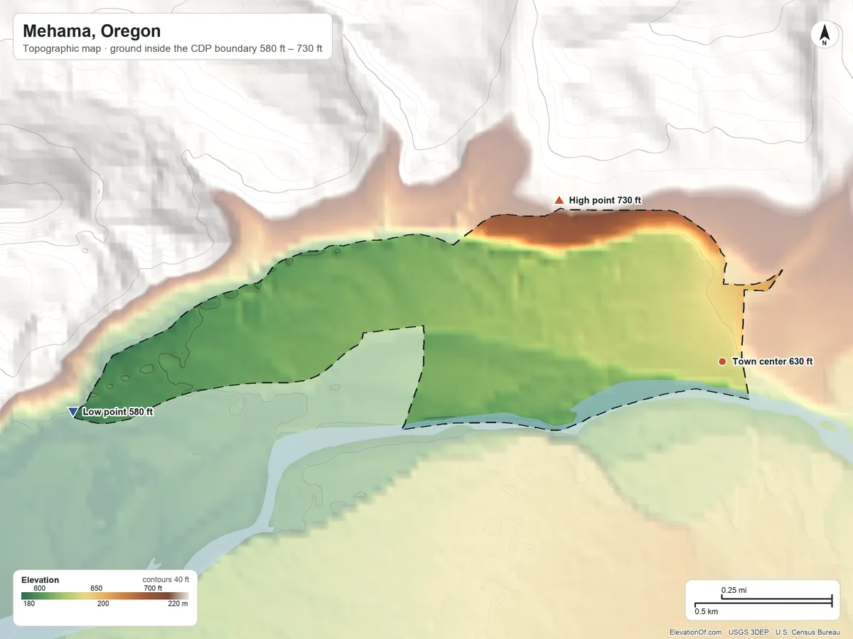 Topographic elevation map of Mehama, Oregon, shaded from 580 ft on the west side to 730 ft on the northwest edge, below higher ground just outside