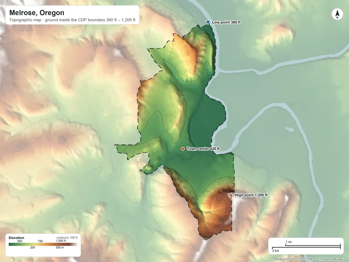 Topographic elevation map of Melrose, Oregon, shaded from 360 ft on the north side to 1,200 ft on the southeast side