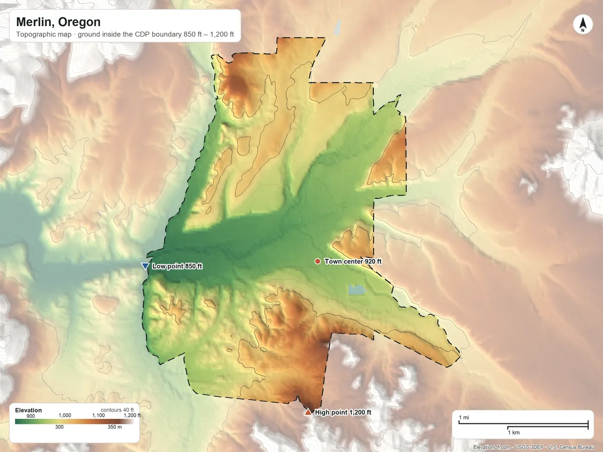 Topographic elevation map of Merlin, Oregon, shaded from 850 ft on the west side to 1,200 ft on the south side