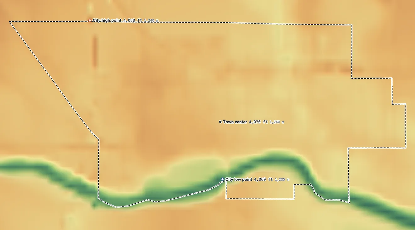 Topographic elevation map of Merrill, Oregon, shaded from 4,060 ft on the south side to 4,080 ft at the foot of the Klamath Hills