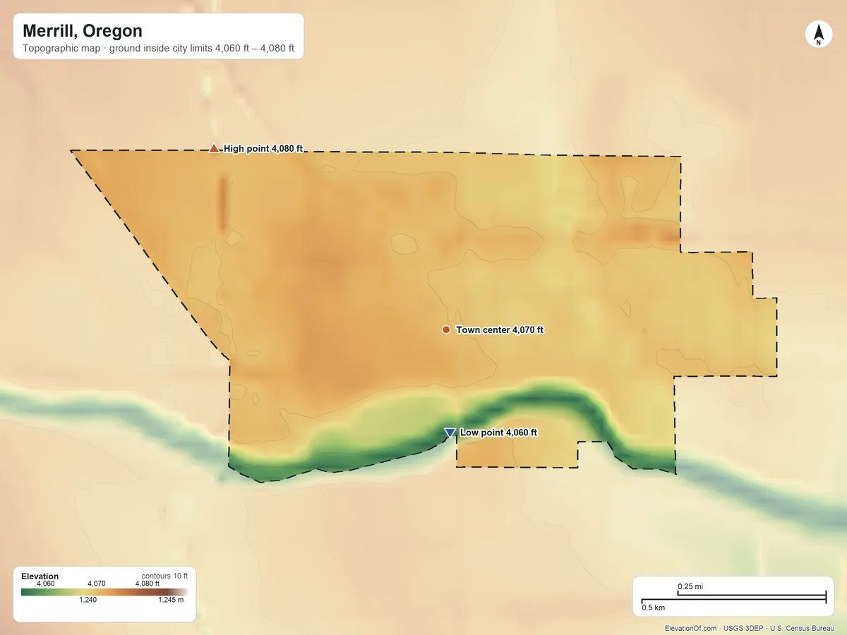 Topographic elevation map of Merrill, Oregon, shaded from 4,060 ft on the south side to 4,080 ft at the foot of the Klamath Hills
