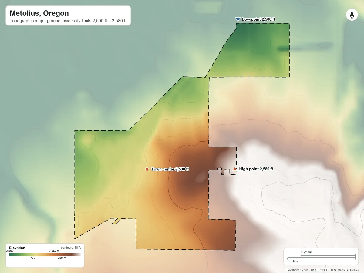 Topographic elevation map of Metolius, Oregon, shaded from 2,500 ft on the northeast side to 2,580 ft on the east side