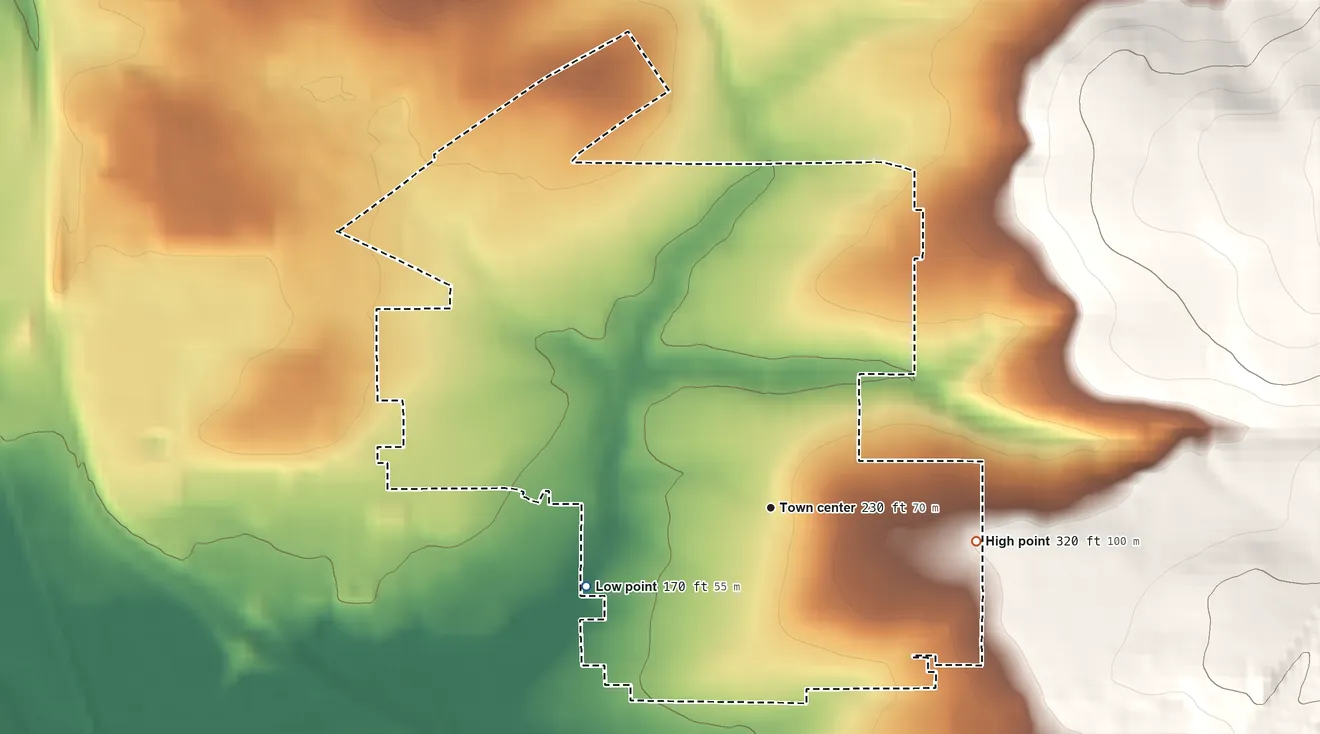 Topographic elevation map of Metzger, Oregon, shaded from 170 ft on the southwest side to 320 ft at the foot of the Chehalem Mountains