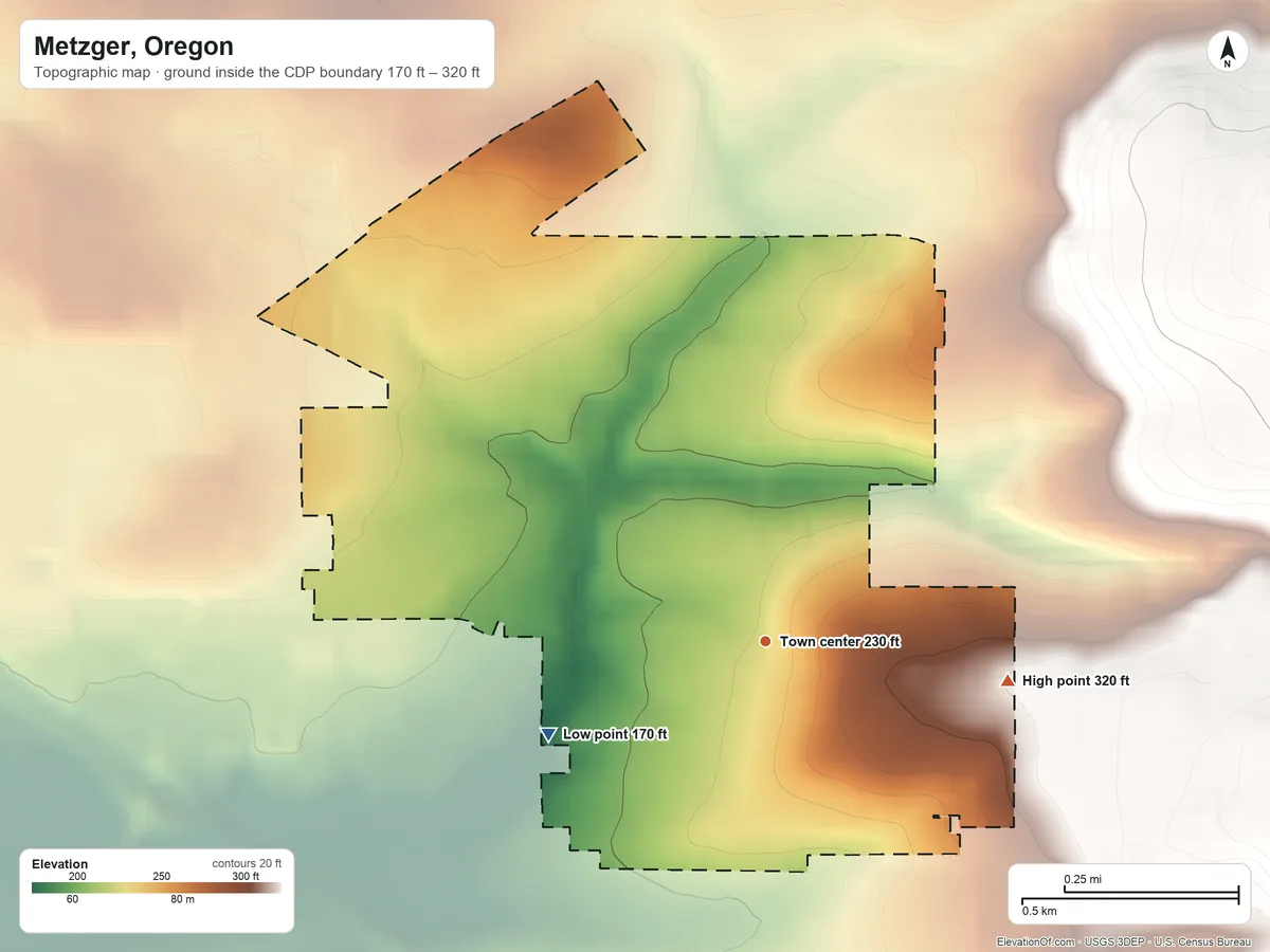 Topographic elevation map of Metzger, Oregon, shaded from 170 ft on the southwest side to 320 ft at the foot of the Chehalem Mountains