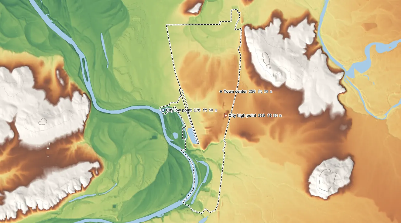 Topographic elevation map of Millersburg, Oregon, shaded from 170 ft on the west side to 310 ft on the south side