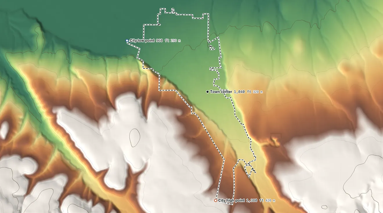 Topographic elevation map of Milton-Freewater, Oregon, shaded from 960 ft on the northwest side to 1,380 ft on the south side