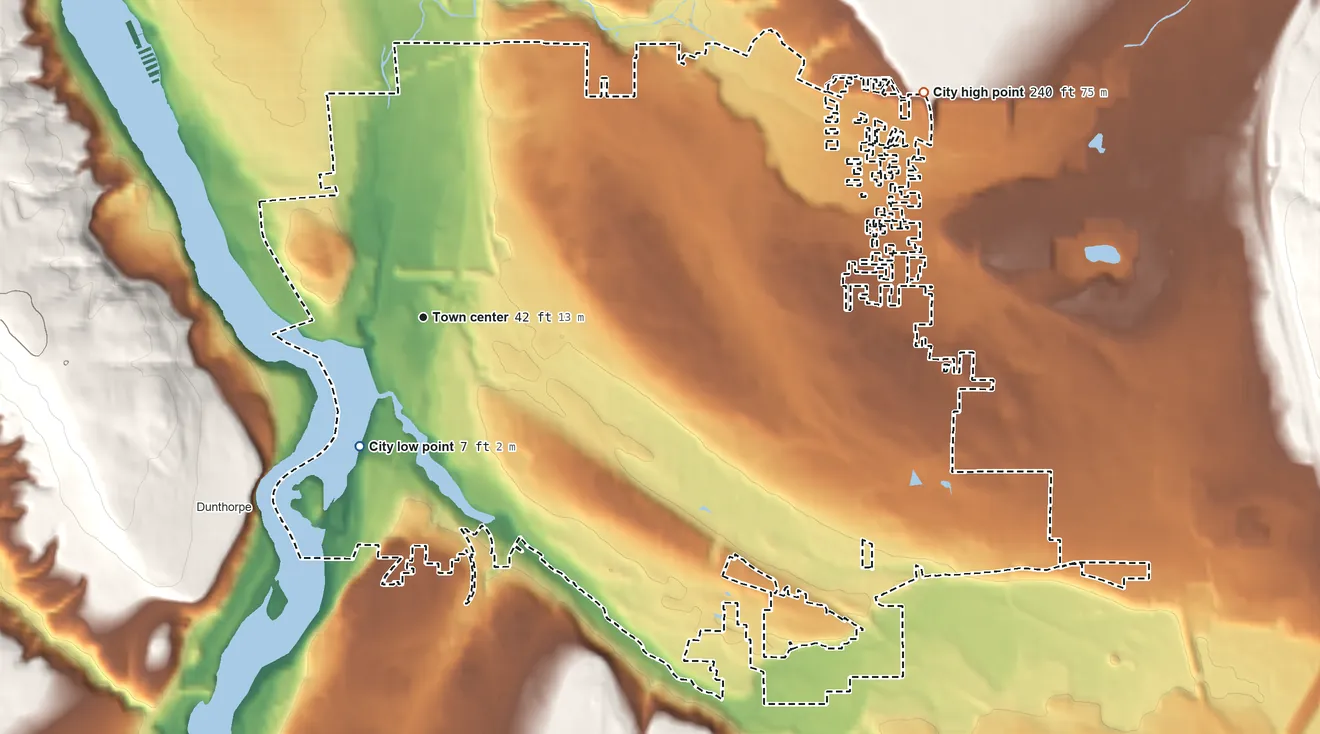 Topographic elevation map of Milwaukie, Oregon, shaded from 7 ft on the southwest side to 240 ft on the northeast edge, below higher ground just outside
