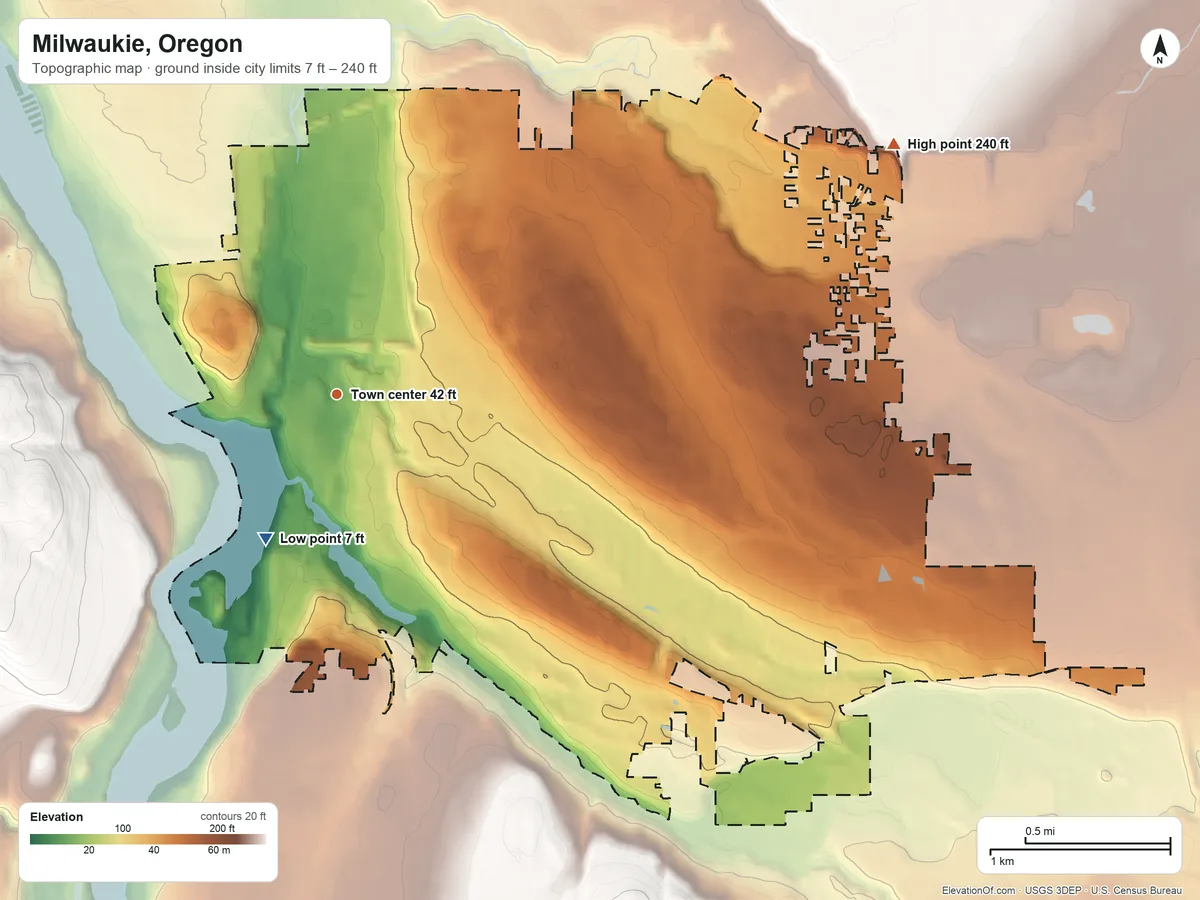 Topographic elevation map of Milwaukie, Oregon, shaded from 7 ft on the southwest side to 240 ft on the northeast edge, below higher ground just outside