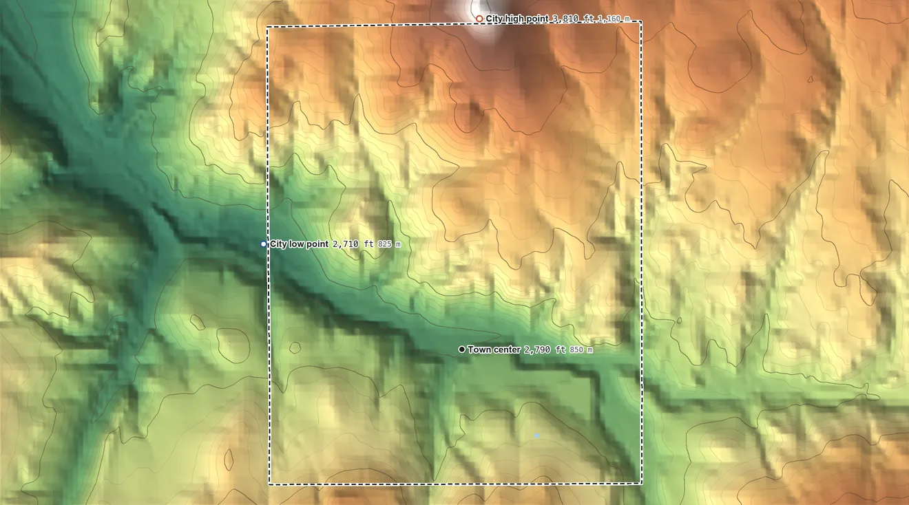 Topographic elevation map of Mitchell, Oregon, shaded from 2,710 ft on the northwest side to 3,810 ft at the foot of the Gage Range