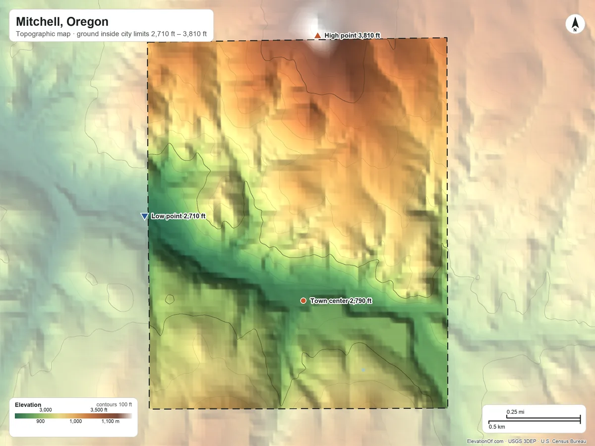 Topographic elevation map of Mitchell, Oregon, shaded from 2,710 ft on the northwest side to 3,810 ft at the foot of the Gage Range