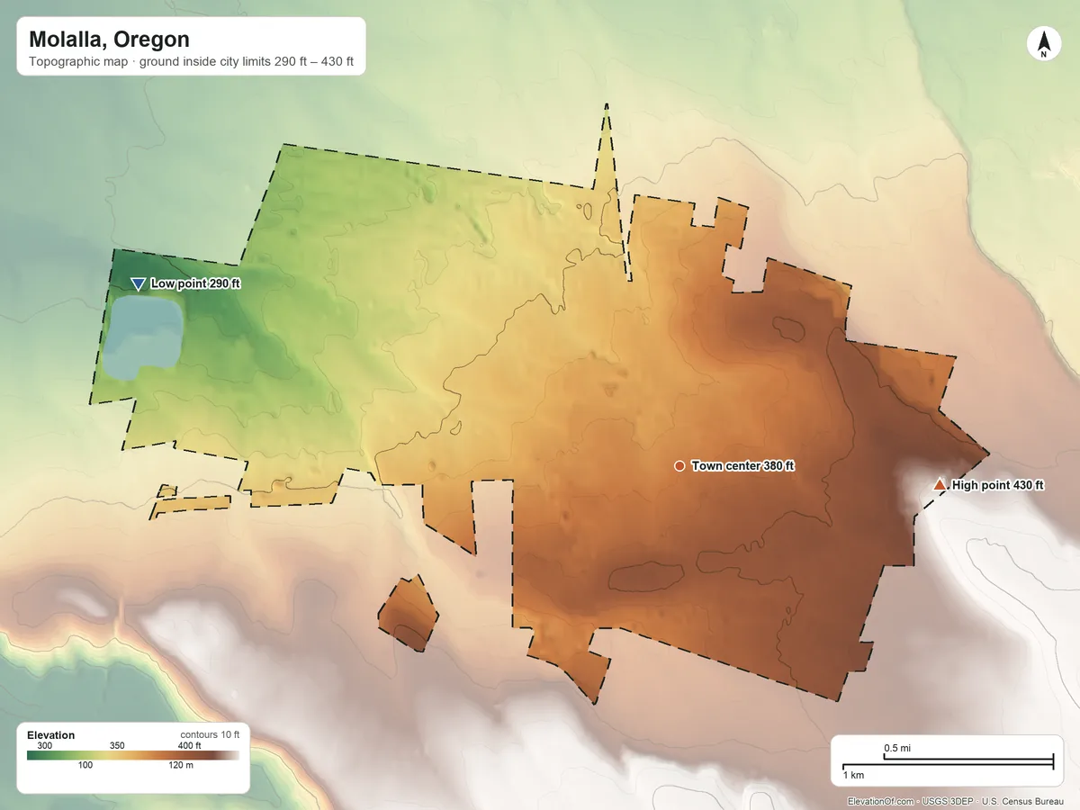 Topographic elevation map of Molalla, Oregon, shaded from 290 ft on the west side to 430 ft on the east side