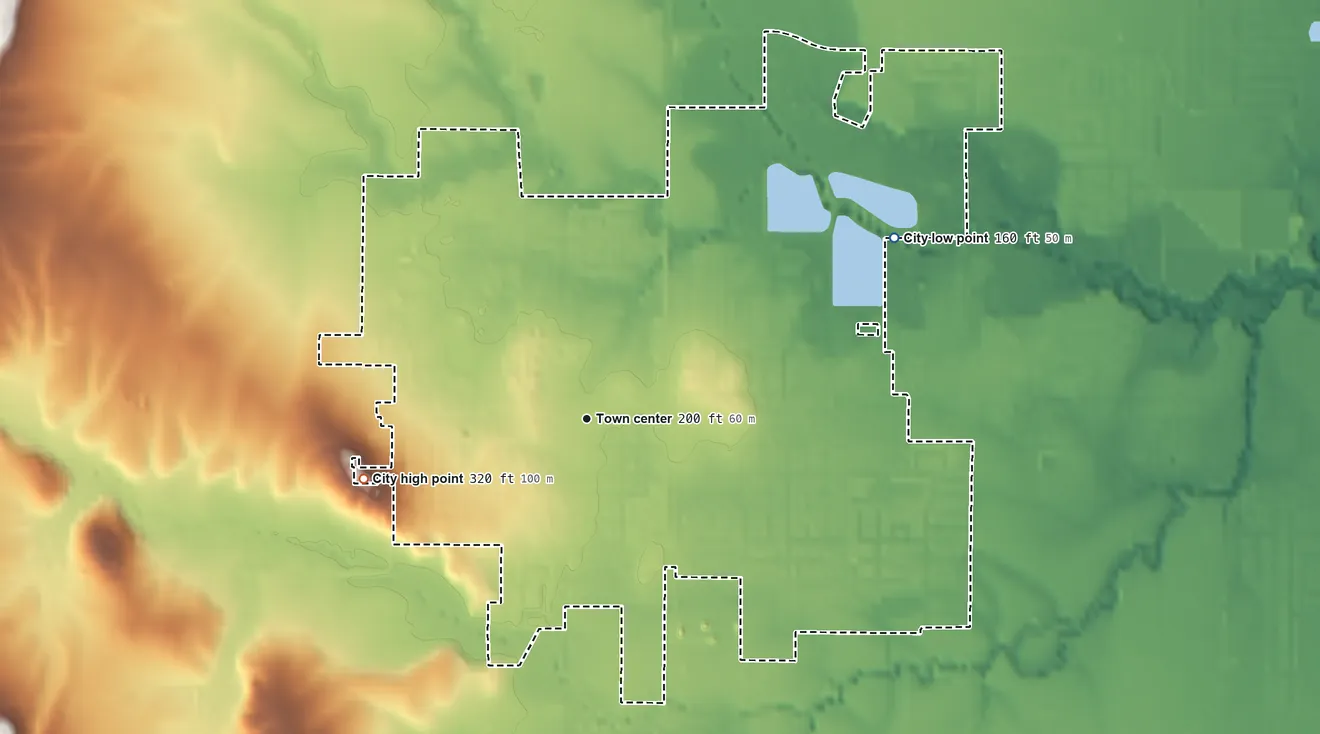 Topographic elevation map of Monmouth, Oregon, shaded from 160 ft on the northeast side to 320 ft on Cupids Knoll