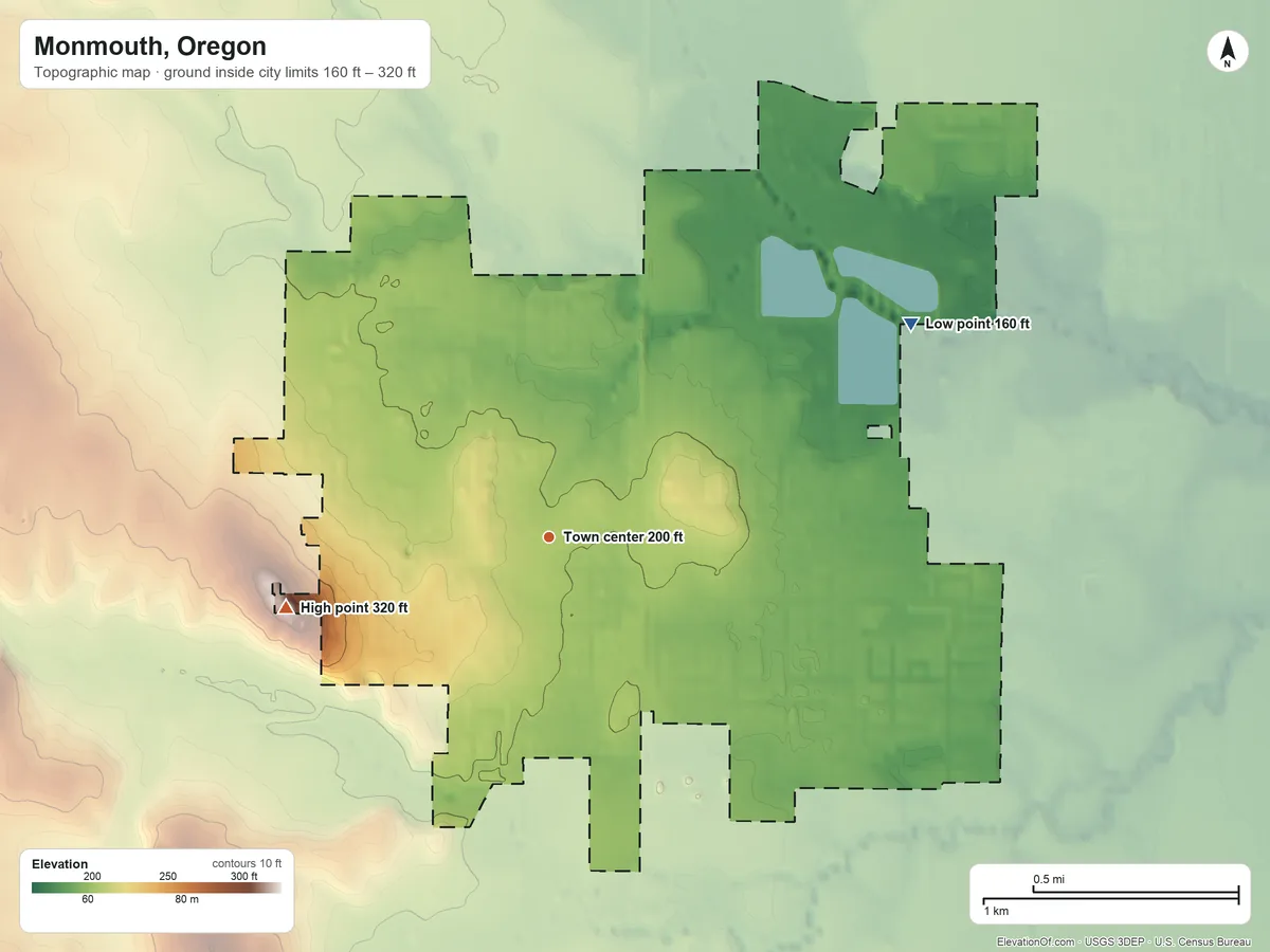 Topographic elevation map of Monmouth, Oregon, shaded from 160 ft on the northeast side to 320 ft on Cupids Knoll