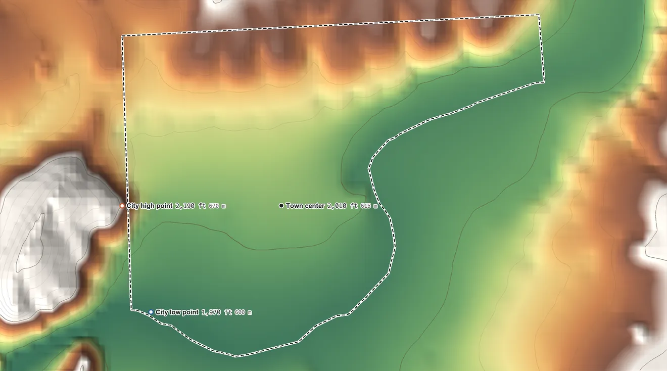 Topographic elevation map of Monument, Oregon, shaded from 1,970 ft on the southwest side to 2,190 ft on the west edge, below higher ground just outside