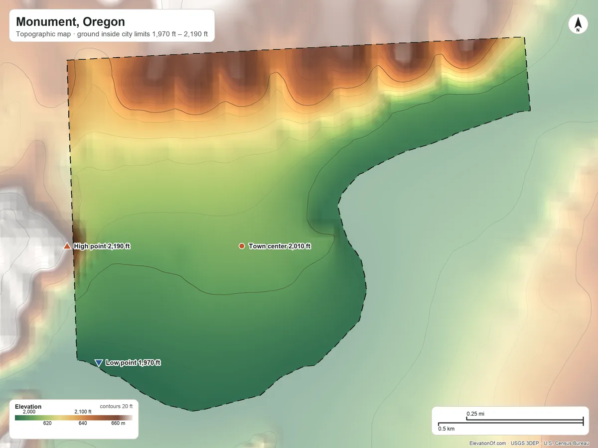 Topographic elevation map of Monument, Oregon, shaded from 1,970 ft on the southwest side to 2,190 ft on the west edge, below higher ground just outside