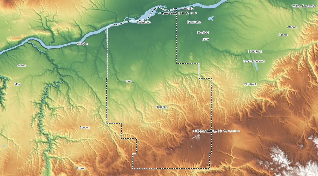 Topographic elevation map of Morrow County, Oregon, shaded from 260 ft on the north side to 5,930 ft on Black Mountain