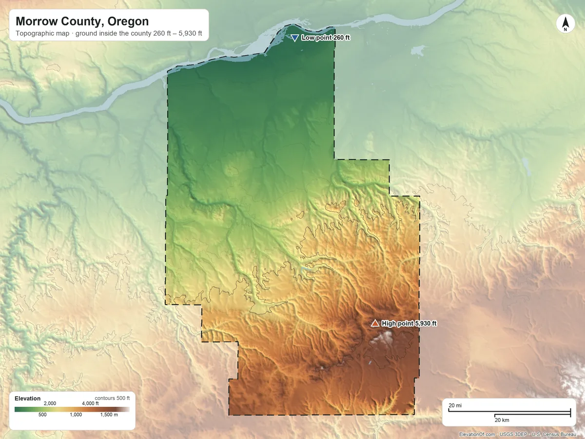 Topographic elevation map of Morrow County, Oregon, shaded from 260 ft on the north side to 5,930 ft on Black Mountain