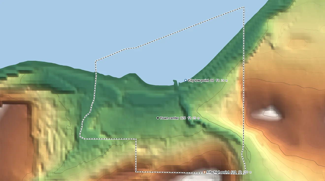 Topographic elevation map of Mosier, Oregon, shaded from 80 ft on the northeast side to 620 ft on the southeast edge, below higher ground just outside
