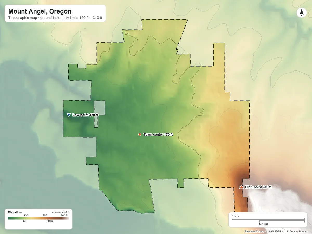 Topographic elevation map of Mount Angel, Oregon, shaded from 150 ft on the west side to 310 ft on the southeast side