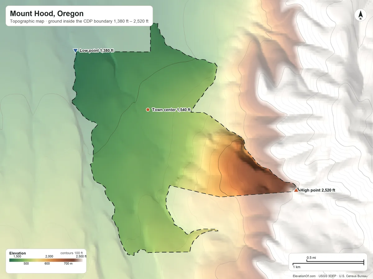Topographic elevation map of Mount Hood, Oregon, shaded from 1,380 ft on the northwest side to 2,520 ft on the southeast edge, below higher ground just outside