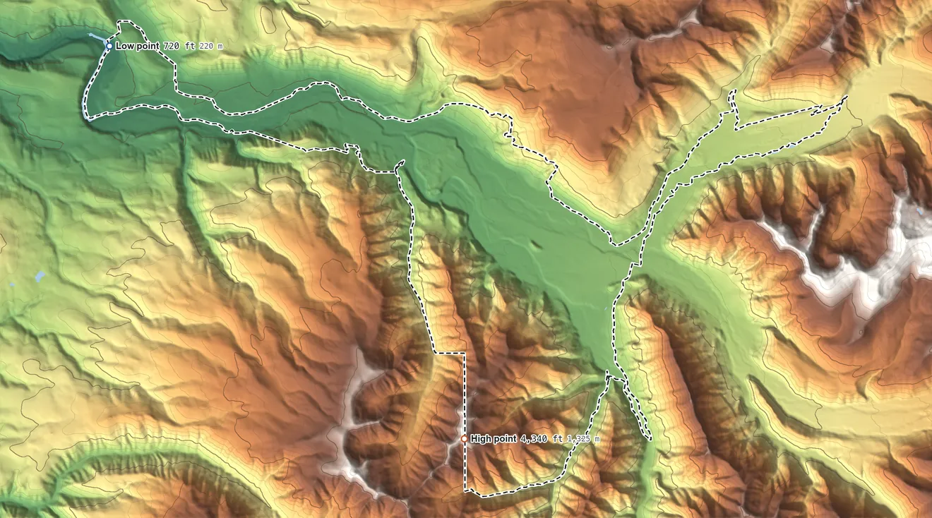 Topographic elevation map of Mount Hood Villages, Oregon, shaded from 720 ft on the west side to 4,340 ft on the south edge, below higher ground just outside