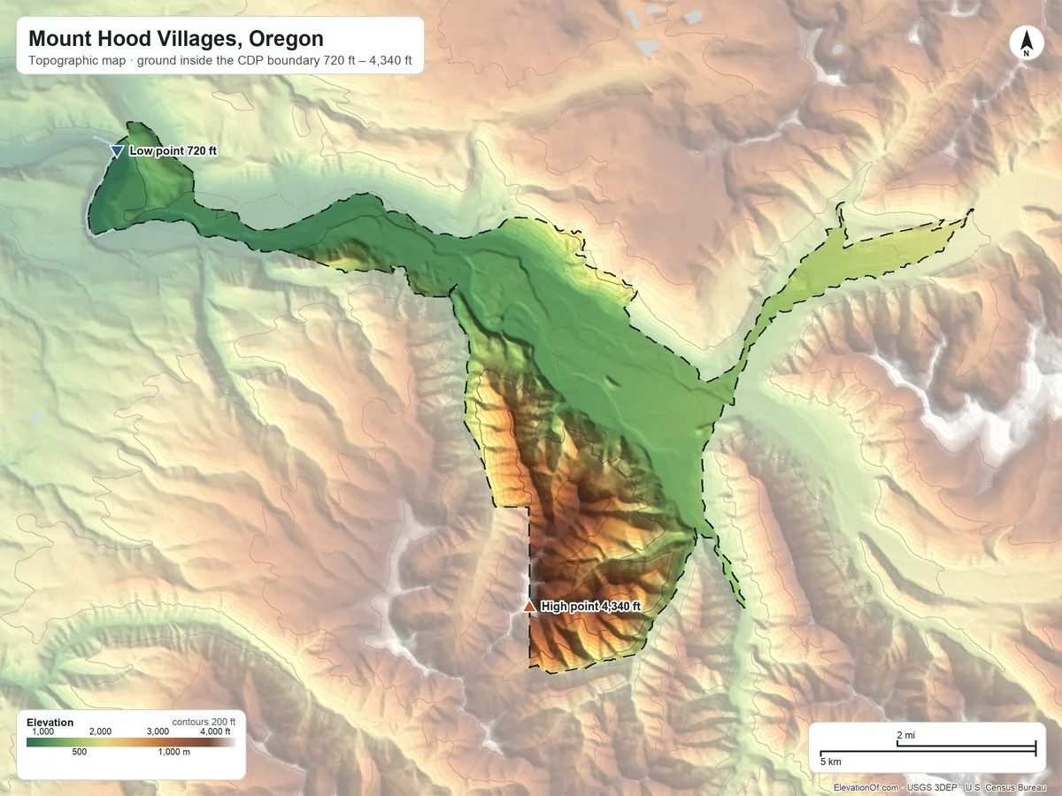 Topographic elevation map of Mount Hood Villages, Oregon, shaded from 720 ft on the west side to 4,340 ft on the south edge, below higher ground just outside