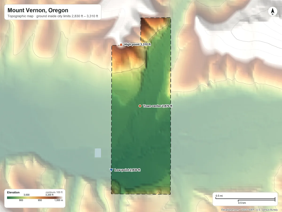 Topographic elevation map of Mount Vernon, Oregon, shaded from 2,830 ft on the southwest side to 3,310 ft at the foot of the Aldrich Mountains