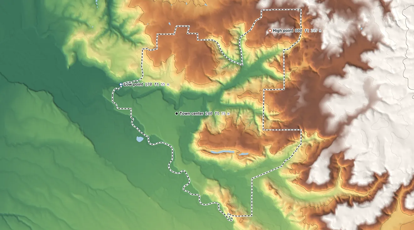 Topographic elevation map of Mulino, Oregon, shaded from 170 ft on the northwest side to 800 ft on the northeast side