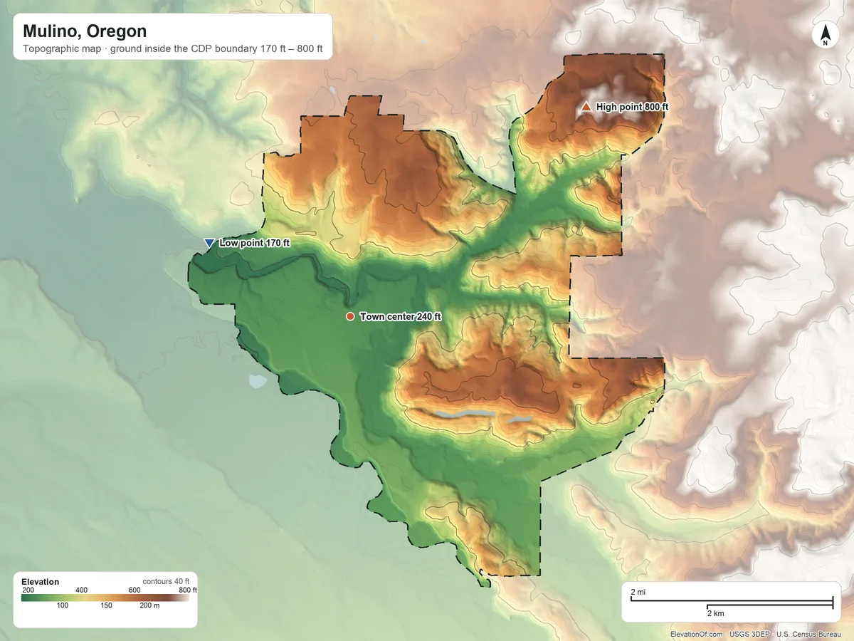 Topographic elevation map of Mulino, Oregon, shaded from 170 ft on the northwest side to 800 ft on the northeast side