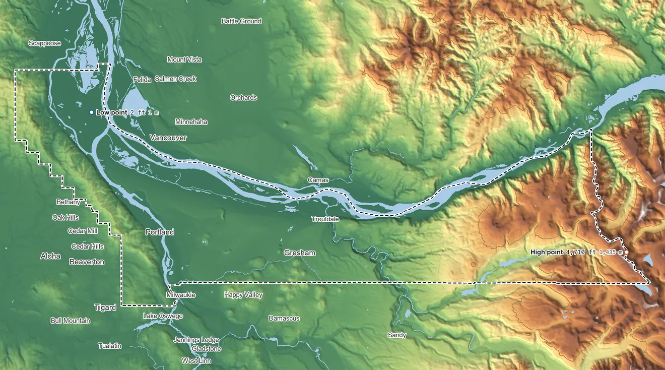 Topographic elevation map of Multnomah County, Oregon, shaded from 2 ft on the west side to 4,710 ft on the east side