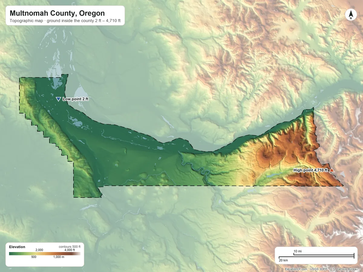 Topographic elevation map of Multnomah County, Oregon, shaded from 2 ft on the west side to 4,710 ft on the east side