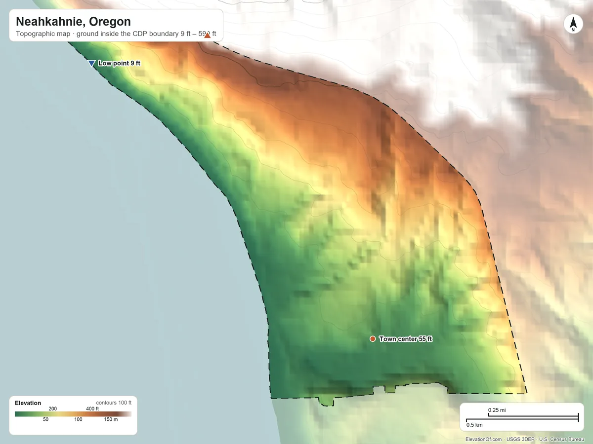 Topographic elevation map of Neahkahnie, Oregon, shaded from 9 ft on the northwest side to 590 ft on the northwest edge, below higher ground just outside