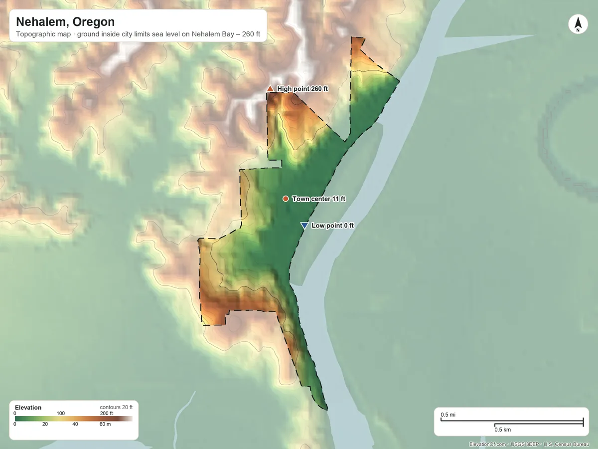 Topographic elevation map of Nehalem, Oregon, shaded from sea level level on Nehalem Bay to 260 ft on the north edge, below higher ground just outside