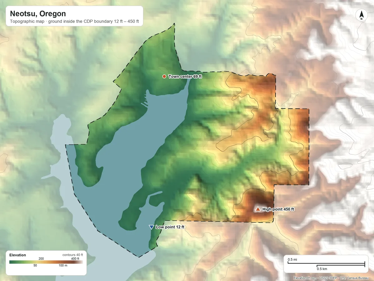 Topographic elevation map of Neotsu, Oregon, shaded from 12 ft on the south side to 450 ft on the southeast edge, below higher ground just outside