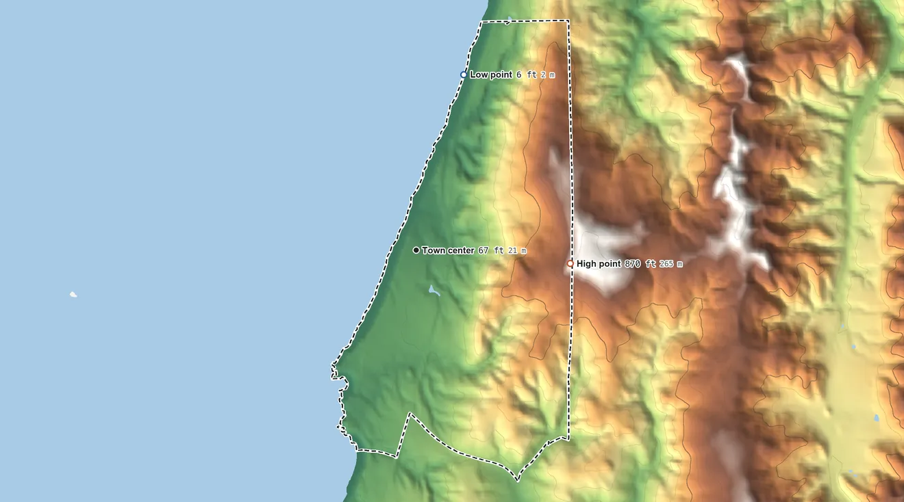 Topographic elevation map of Nesika Beach, Oregon, shaded from 6 ft on the north side to 870 ft on the east edge, below higher ground just outside