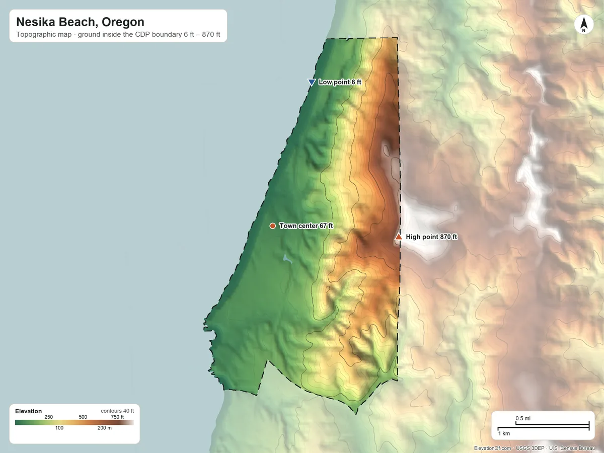 Topographic elevation map of Nesika Beach, Oregon, shaded from 6 ft on the north side to 870 ft on the east edge, below higher ground just outside
