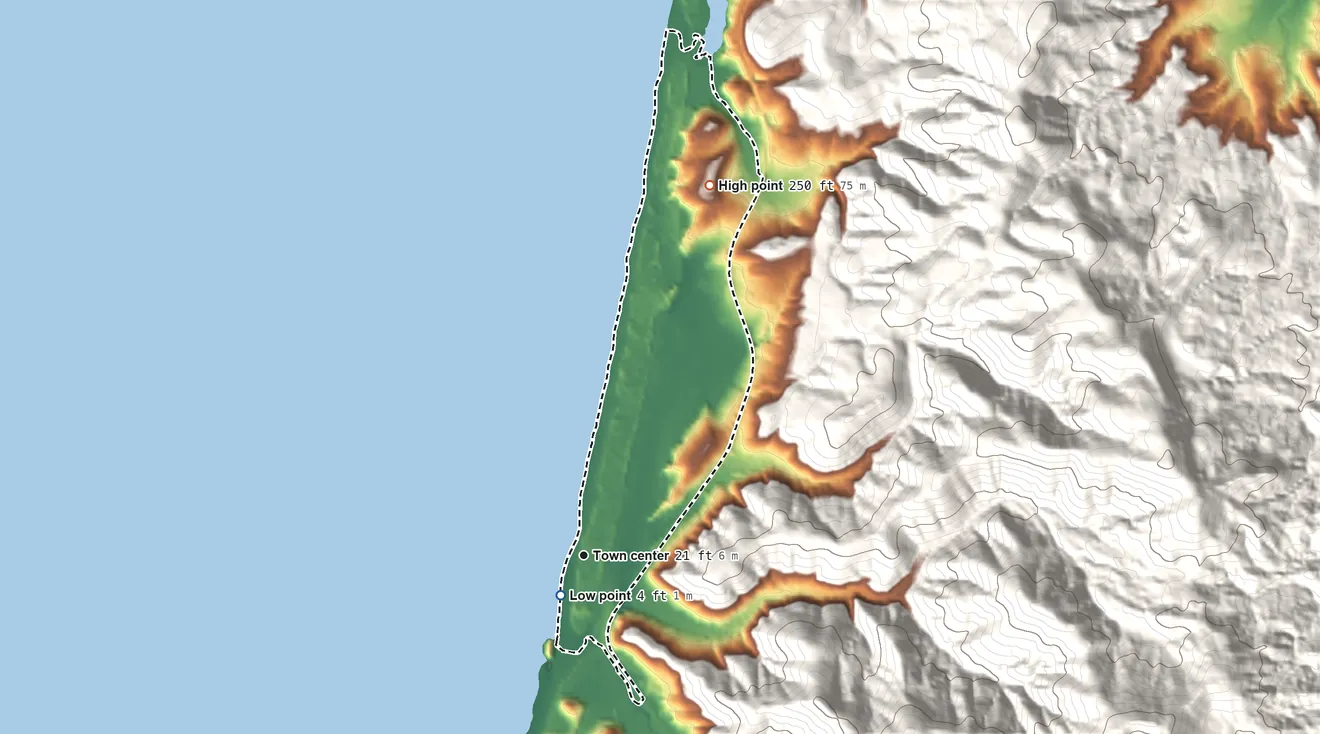 Topographic elevation map of Neskowin, Oregon, shaded from 4 ft near the middle to 250 ft on the north edge, below higher ground just outside