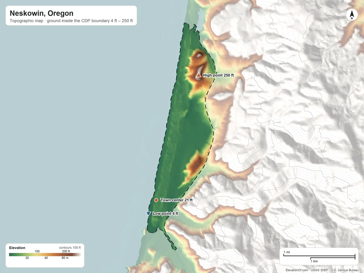 Topographic elevation map of Neskowin, Oregon, shaded from 4 ft near the middle to 250 ft on the north edge, below higher ground just outside