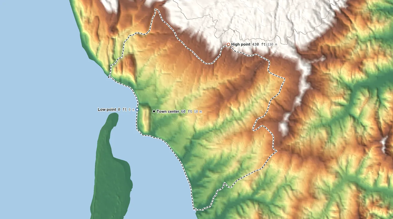 Topographic elevation map of Netarts, Oregon, shaded from sea level level on Netarts Bay to 430 ft on the northeast edge, below higher ground just outside