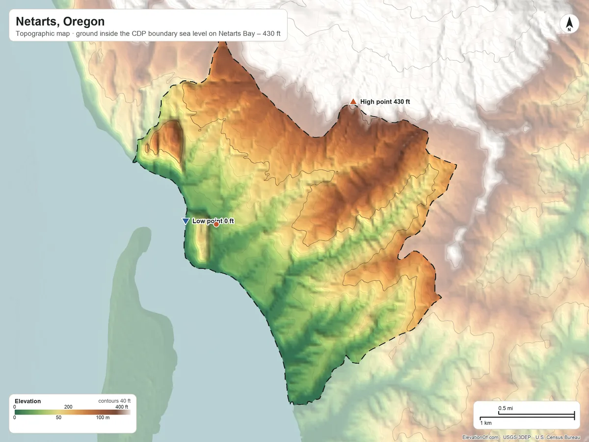 Topographic elevation map of Netarts, Oregon, shaded from sea level level on Netarts Bay to 430 ft on the northeast edge, below higher ground just outside
