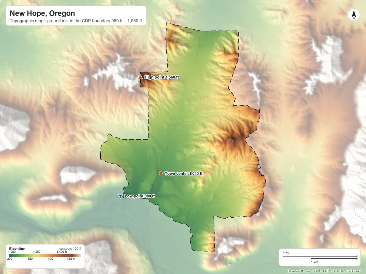 Topographic elevation map of New Hope, Oregon, shaded from 980 ft on the southwest side to 1,560 ft on the north edge, below higher ground just outside