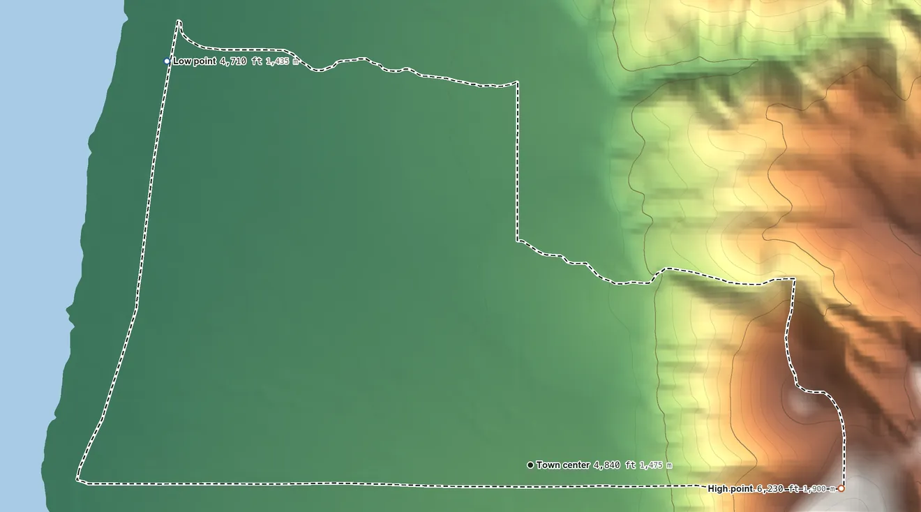 Topographic elevation map of New Pine Creek, Oregon, shaded from 4,710 ft on the northwest side to 6,230 ft on the east edge, below higher ground just outside