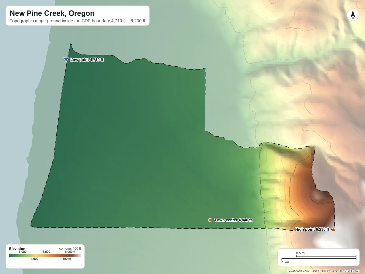 Topographic elevation map of New Pine Creek, Oregon, shaded from 4,710 ft on the northwest side to 6,230 ft on the east edge, below higher ground just outside