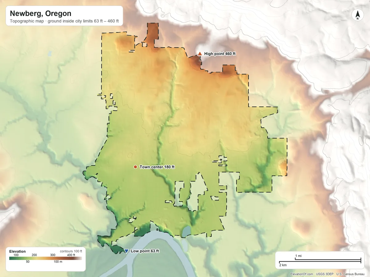 Topographic elevation map of Newberg, Oregon, shaded from 63 ft on the south side to 460 ft at the foot of the Chehalem Mountains