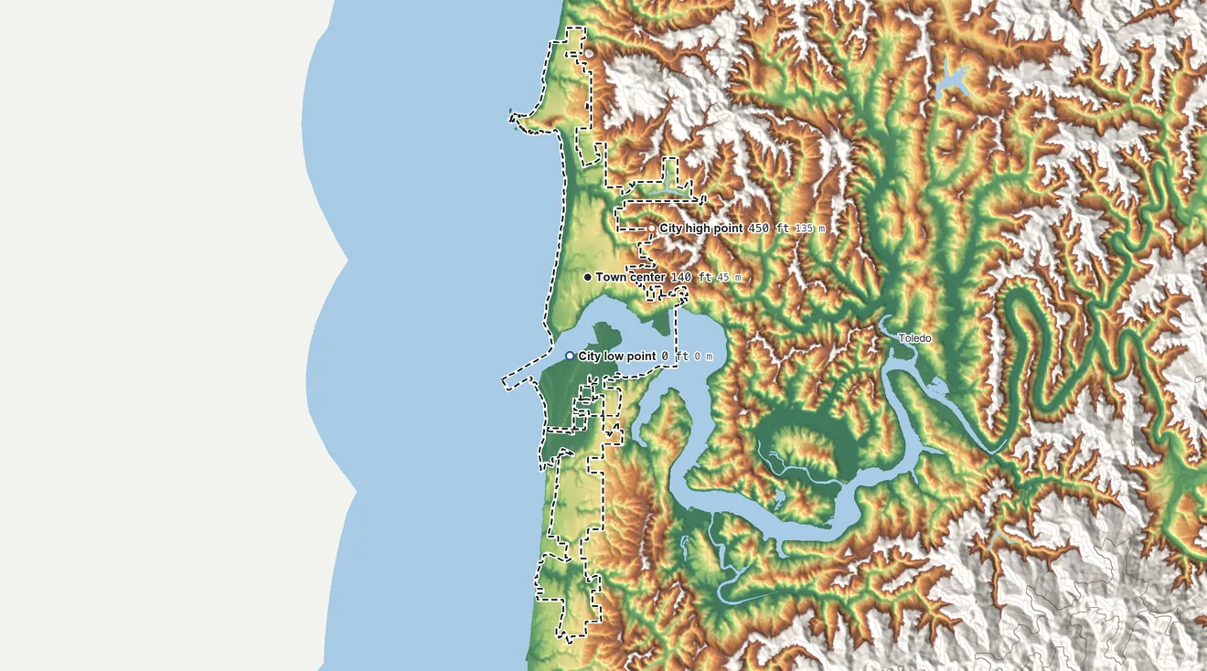 Topographic elevation map of Newport, Oregon, shaded from sea level level on Yaquina Bay to 450 ft on the northeast side